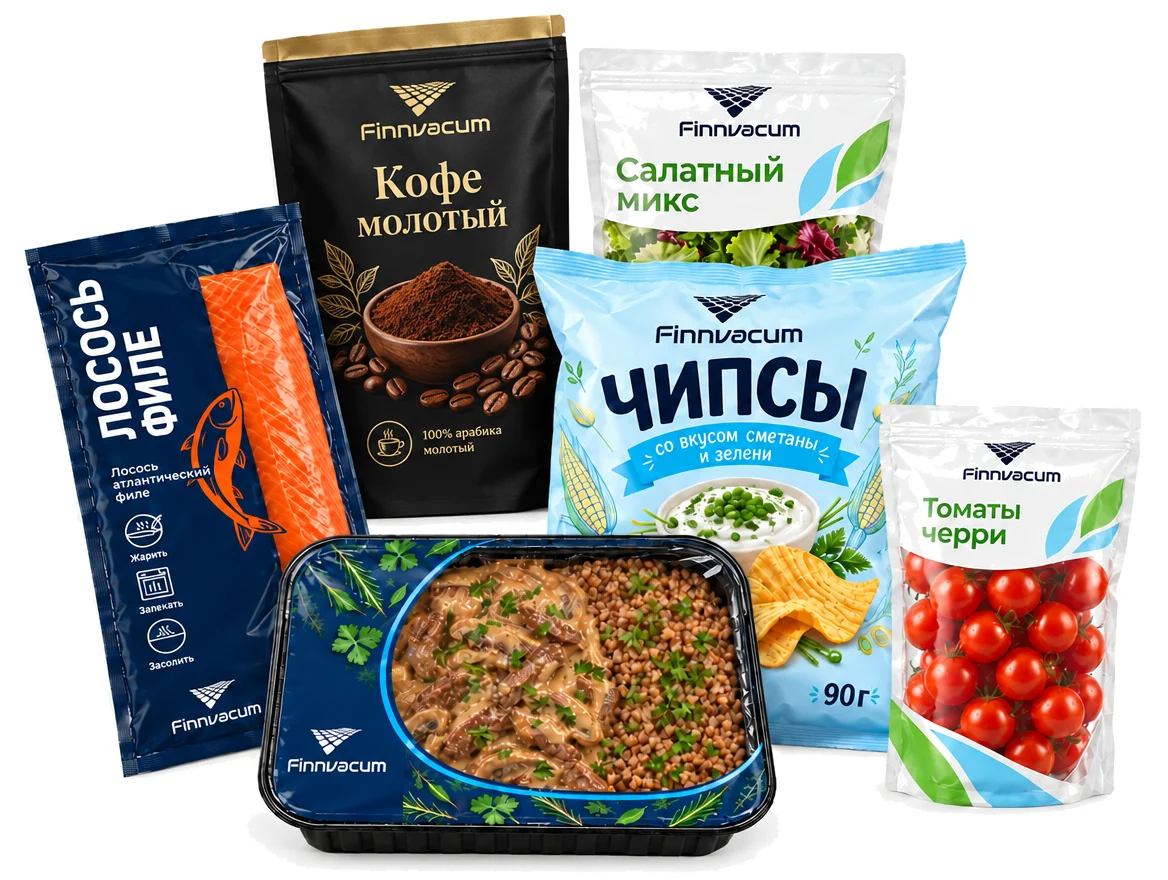 Упаковка с печатью: пакеты для рыбы, кофе, чипсов, салата и томатов, лоток с готовой едой